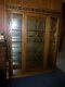 Antique Tiger Oak Glass China Display Curio Cabinet Wood Wheels Mirror, Glass