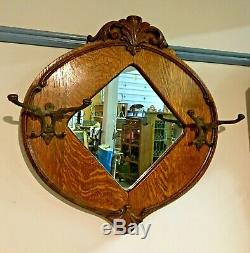 Antique Tiger Oak Hall Mirror with Hooks