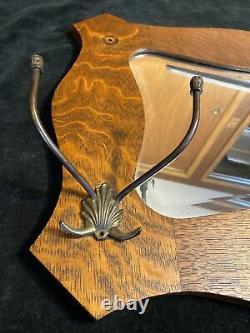 Antique Tiger Oak Hall Tree Wall Mirror Hat Rack Coat Hooks Beveled 25x19