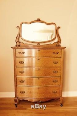 Antique Tiger Oak High Boy Dresser Chest of Drawers with Beveled Tilt Mirror