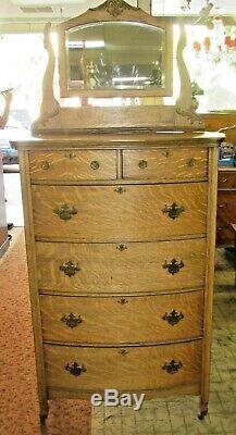 Antique Tiger Oak Highboy Dresser with Mirror