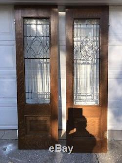 Antique Tiger Oak Leaded Beveled Glass French Doors