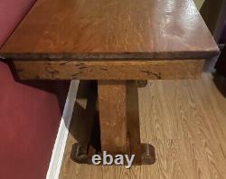 Antique Tiger Oak Library Table/Desk with Bottom Shelf & Drawer