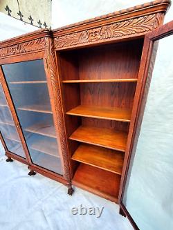 Antique Tiger Oak Lion / North Wind Carved 3 Door Bookcase with Claw Feet 1890's