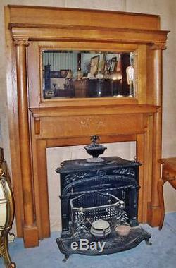 Antique Tiger Oak Mantel with Two Columns and Beveled Glass Mirror