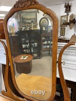 Antique Tiger Oak Mirrored Vanity, Refinished, Hand Carved, Rotating Mirror