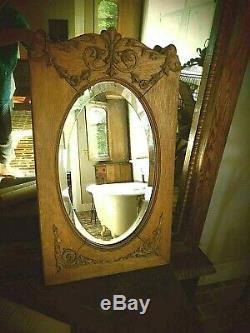 Antique Tiger Oak Oval Mirror With Beveled Glass- Circa 1890-must See
