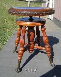 Antique Tiger Oak Piano Stool with Glass Balls and Claw Feet Adjustable 1890s