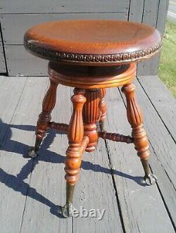 Antique Tiger Oak Piano Stool with Glass Balls and Claw Feet Adjustable 1890s
