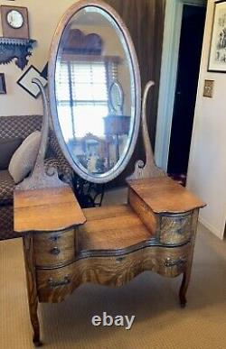 Antique Tiger Oak Princess Dresser Drop Center, Vanity, Beveled Swivel Mirror