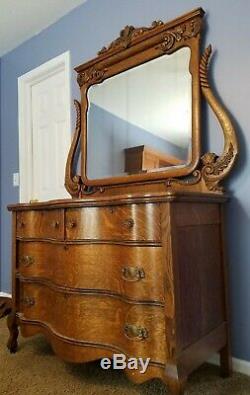 Antique Tiger Oak / Quarter Sawn Serpentine Dresser with Beveled Mirror