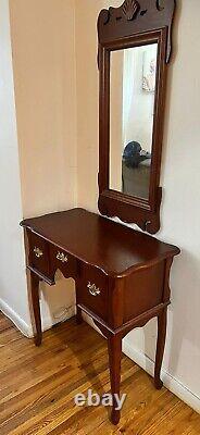 Antique Tiger Oak Queen Anne Style Console Hall Table Sideboard with Mirror