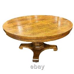 Antique Tiger Oak Round Pedestal Dining Table on Casters and Four Chairs