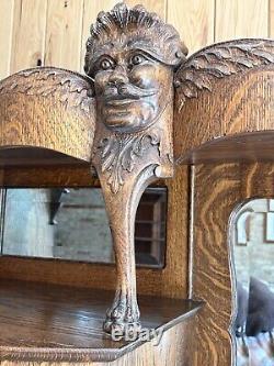 Antique Tiger Oak Secretary with North Wind Face on Top and Curved Glass