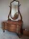 Antique Tiger Oak Serpentine 3 Drawer Dresser Lions Paw And Beveled Harp Mirror