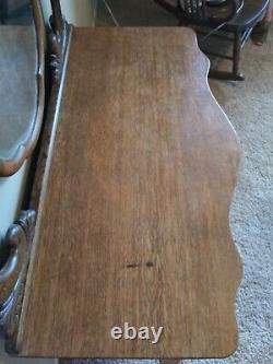 Antique Tiger Oak Serpentine 3 Drawer Dresser Lions Paw and Beveled Harp Mirror