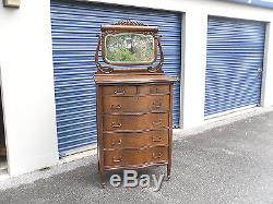 Antique Tiger Oak Serpentine Dresser Chest / Heavily Carved Mirror