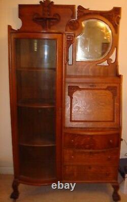 Antique Tiger Oak Side-by-Side Drop Front Secretary Bookcase with Curved Glass