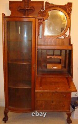 Antique Tiger Oak Side-by-Side Drop Front Secretary Bookcase with Curved Glass