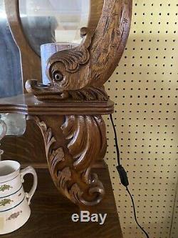 Antique Tiger Oak Sideboard Buffet Hand Carved Claw Foot Triple Mirror