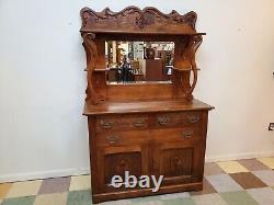 Antique Tiger Oak Sideboard With Beveled Glass Mirror and Key