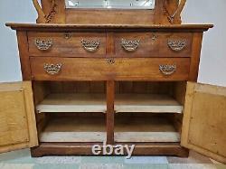 Antique Tiger Oak Sideboard With Beveled Glass Mirror and Key