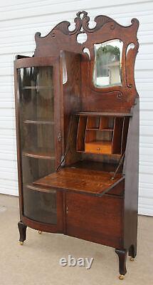 Antique Tiger Oak SidebySide Curved Glass Secretary Desk Bookcase Bevel Mirror