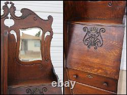 Antique Tiger Oak SidebySide Curved Glass Secretary Desk Bookcase Bevel Mirror