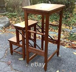 Antique Tiger Oak Step Stool Table Folding Wood Heavy Sturdy Best Victorian