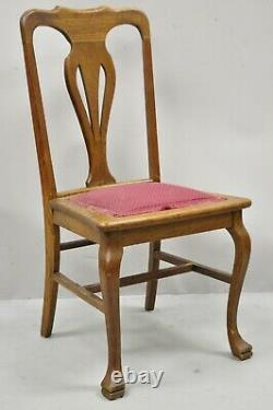 Antique Tiger Oak T-Back Dining Room Side Chairs Upholstered Seat Set of 6