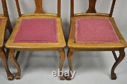 Antique Tiger Oak T-Back Dining Room Side Chairs Upholstered Seat Set of 6