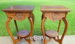Antique Tiger Oak Table Fern Plant Stands w carvings & faces MATCHING PAIR
