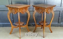 Antique Tiger Oak Table Fern Plant Stands w carvings & faces MATCHING PAIR
