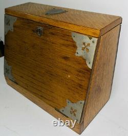 Antique Tiger Oak Traveling Lap Desk Writing Box With Original Skeleton Key