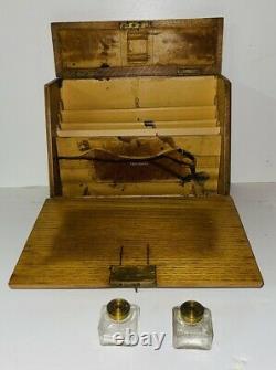 Antique Tiger Oak Traveling Lap Desk Writing Box With Original Skeleton Key