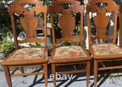 Antique Tiger Oak Upholstered Seat Dining Side Chairs Set of 3