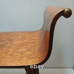 Antique Tiger Oak Veneer Bentwood Bench Chair with Curved Armrests & Brass Finials