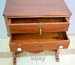 Antique Tiger Oak Victorian Sewing Work Stand Desk Two Locking Drawers with Key