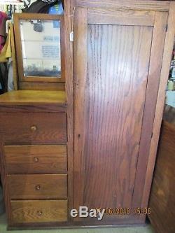Antique Tiger Oak Wardrobe Armoire with Beveled Mirror