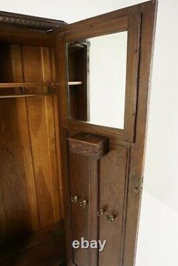 Antique Tiger Oak Wardrobe, Carved Hall Armoire, Closet, Scotland 1910, B2127