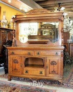 Antique Tiger Oak Wood Arts & Crafts Mirrored Buffet Sideboard Bar Cabinet Hutch