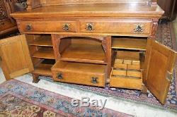 Antique Tiger Oak Wood Arts & Crafts Mirrored Buffet Sideboard Bar Cabinet Hutch