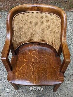 Antique Tiger Oak Wood Banker Chair Office Arm Chair Cane Back
