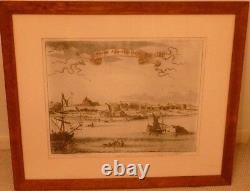Antique Tiger Oak Wood Frame, Engraving New York New Amsterdam 1642 Cityscape