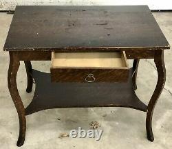 Antique Tiger Oak Wood Library Table Primitive Desk with Drawer & Bottom Shelf Old