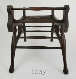 Antique Tiger Oak Wood Victorian Egyptian Revival Saddle Bench Stool Vanity Seat