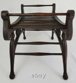 Antique Tiger Oak Wood Victorian Egyptian Revival Saddle Bench Stool Vanity Seat