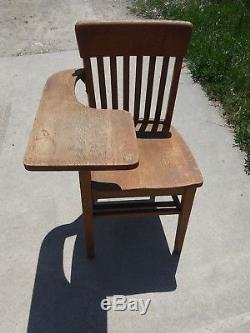 Antique Tiger Oak Wooden School Desk And Attached Chair