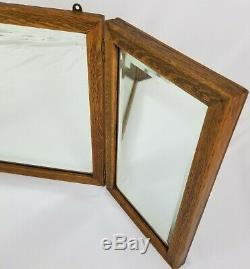Antique Tri Fold Vanity Shaving Mirror Beveled Glass Tiger Oak Arts & Crafts