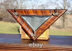 Antique Triangle Wood Mirror Tiger Oak Wall Coat Hat Rack Hooks Vintage RARE